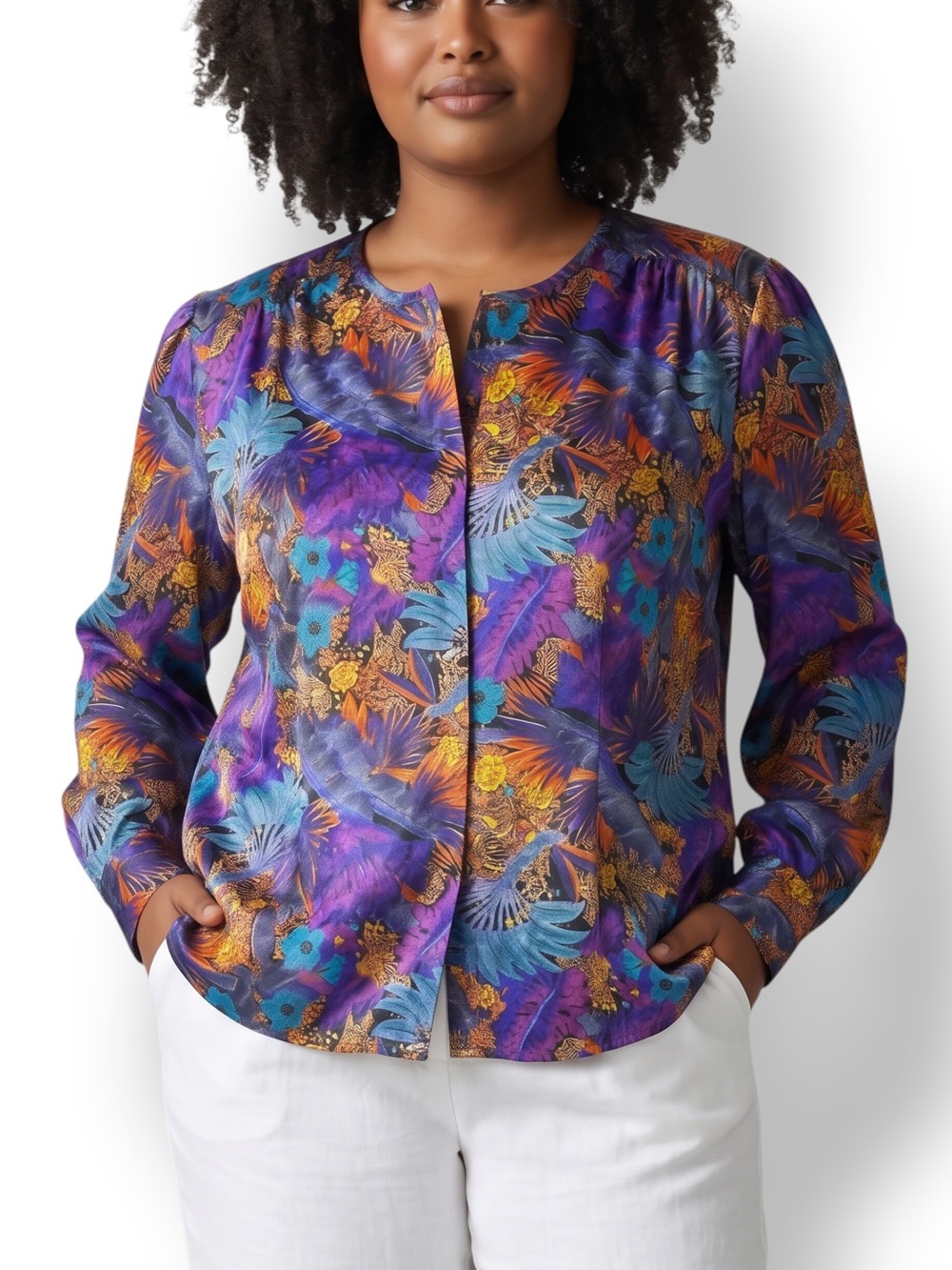 4/$20 Vintage AK Anne Klein Silk Feel Blouse Floral Jungle Print Long Sleeve 14